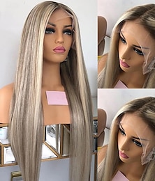 cheap -Highlight 13x4 Lace Front Wig Brazilian Remy Human Hair Silky Straight Ash Blonde Wig with Baby Hair With Bleached Knots Pre-Plucked For Women
