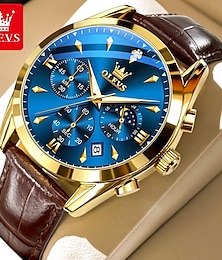 cheap -OLEVS Men Quartz Watch Fashion Casual Wristwatch Moon phase Luminous Calendar Chronograph Leather Strap Watch
