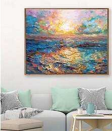 abordables -Peinture à l'huile faite à la main sur toile, décoration murale, impression contemporaine, lever de soleil doré sur le paysage de la mer, pour la décoration intérieure, peinture roulée sans cadre, non
