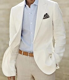 economico -Blazer sportivo in lino da uomo giacca moda casual estate a tinta unita bianca taglio sartoriale a un bottone