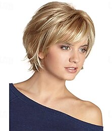 economico -Parrucche corte da folletto per donna Parrucca sintetica a strati con frangia Parrucca corta sintetica per capelli castano biondo castano scuro biondo sfumato
