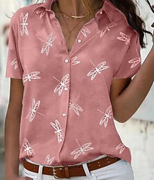 economico -camicia casual da donna manica corta stampa libellula colletto con revers abbottonatura rosa antico vestibilità comoda primavera estate moda top uso quotidiano taglie dalla s alla xl