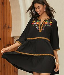 olcso -Női Hímzett Fekete ruha Mini ruha Virágos Vágott nyak Háromnegyedes Nyár Tavasz Fekete