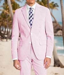 cheap -Black White Pink Men's Beach Wedding Suits Striped 2 Piece Standard Fit Single Breasted Two-buttons 2024