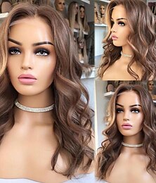abordables -Perruque Cheveux vierges non transformés 13x4 devant en dentelle Cheveux Brésiliens Ondulé Marron clair Partie libre Femme Densité 130% 150% avec des cheveux de bébé Sans colle Pré-plumé Moyen A1