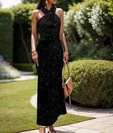 billige -kvinners svart kjole fest maxi kjole ferie elegant gnist paljetter halter hals ermeløs sommer våren
