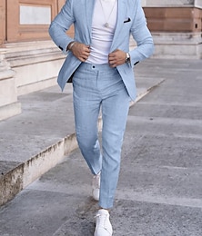 abordables -Costumes de mariage en lin pour hommes Bleu ciel Gris clair Été Solide Ajustement taillé 2 pièces à simple boutonnage un bouton
