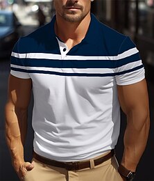cheap -Men's Golf Shirt Golf Polo Work Casual Lapel Short Sleeve Basic Modern Color Block Stripes Button Spring & Summer Regular Fit Black Navy Blue Brown Green Light Blue Grey Golf Shirt