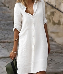 رخيصةأون -نسائي فستان أبيض شيرت دريس لباس غير رسمي فستان قصير أزرار أساسي مناسب للبس اليومي قبعة القميص 3/4 الكم الصيف الربيع أسود أبيض سهل