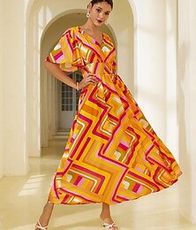 economico -Per donna Abiti in chiffon Vestito maxi Arancione Manica corta Fantasia geometrica Stampe Primavera estate A V Vestito con motivo S M L