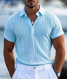 cheap -Men's Polo Golf Shirt Casual Holiday Ribbed Polo Collar Short Sleeve Fashion Basic Stripe Plain Button Quick Dry Summer Regular Fit Light Blue White Purple Khaki Polo