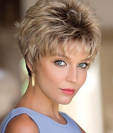 economico -parrucca onda naturale asimmetrica con frangia parrucca corta biondo dorato capelli sintetici bionda classica parrucca corta bionda pixie cut