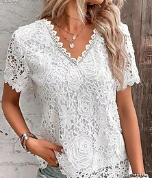 economico -Camicia Blusa Top eleganti Per donna Nero Bianco Rosa Liscio Pizzo Strada Giornaliero Di tendenza Rotonda Standard S