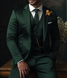 cheap -Dark Green Men's Wedding Suits 3 Piece Solid Colored Slim Fit Single Breasted Two-buttons 2024