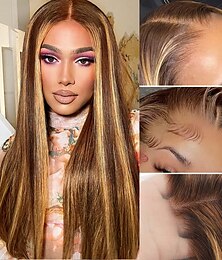 cheap -P4/27 Highlight Wigs Pre Plucked Highlight Ombre Lace Front Wig Human Hair Omber P4/27 Hair Wig with Natural Hairline 13X4 HD Transparent Straight Lace Frontal Wigs For Women Brazilian Remy Hair Wig
