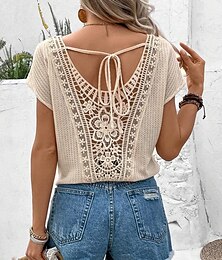 abordables -Hauts en dentelle blancs élégants pour femmes Blouse en œillets Hauts habillés Bohémiens décontractés À manches courtes col en V Dentelle Hauts romantiques petits pour l'été Vacances Blanc Été