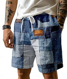 abordables -Pantalones cortos con estampado de bloques de color para hombre, pantalones cortos hawaianos, bañadores con cordón y forro de malla, cintura elástica, ropa de playa para vacaciones