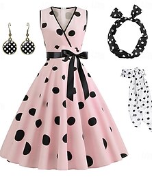 levne -Ženské A-line rockabilly šaty puntíky swing šaty rozšířené šaty s doplňky oblečení Grease z 50. let 60s retro vintage s čelenkou šifonovým šátkem náušnicemi