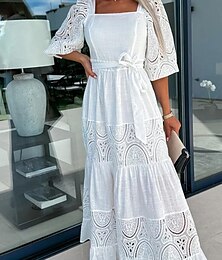 olcso -Női nyári ruha Boho esküvői vendégruha Fehér csipke esküvői ruha Maxiruha Sleeve-vel Elegáns V-alakú Féhosszú Fehér Arcpír rózsaszín Bíbor Szín