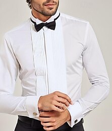 رخيصةأون -رجالي قميص زر حتى القميص أسود أبيض كم طويل سهل Lapel ربيع & الصيف زفاف مناسب للحفلات ملابس الطيات