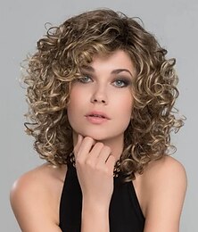 levne -krátké hnědé kudrnaté paruky pro ženy smíšená blond syntetická paruka skákací kudrnatá náhrada vlasů paruka kudrnatá paruka s tmavými kořínky střípek blond šedý