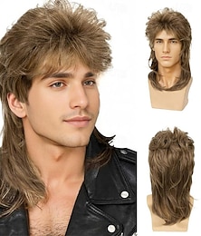 cheap -Sallcks Mens Mullet Wigs Brown Curly 70s 80s Retro Cosplay Costume Wig Rocker Disco Fancy Show Wigs - Light Brown