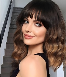 ieftine -perucă scurtă ondulată maro cu breton scurt ombre maro maro deschis visiniu negru blond perucă bob pentru femei perucă ondulată bob cu breton peruci sintetice cu aspect natural de 14 inci