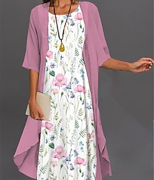 abordables -Robe de graduation pour femmes Robe midi Ensemble de robes Deux pièces Robe décontractée Robe imprimée Élégante Mode Imprimé floral ombré Manches 3/4 Col rond Extérieur Quotidien Rose Rose foncé Bleu