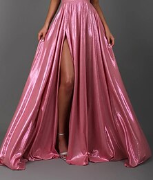 cheap -A-Line Prom Dresses Sparkle Dress Formal Wedding Guest Floor Length Sleeveless V Neck Satin with Pleats Slit 2024