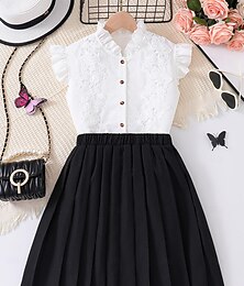 billige -2 deler Barn Jente Helfarge Crewneck Dress dresser Sett Ermeløs Mote Skole 7-13 år Sommer Hvit