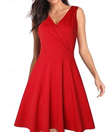 baratos -Mulheres Pregueado Vestido antigo Vestido midi Elegante Tecido Decote V Sem Manga Diário Encontro Vinho Luz Vermelha