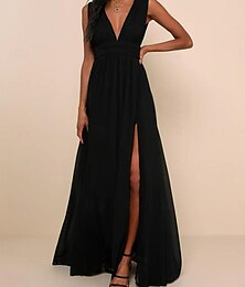 abordables -Robe Maxi Femme robe noire Sans Manches Elégant Rétro Vintage Maxi Plissé Dos Nu V Profond Mariage Soirée Noir S M L XL XXL