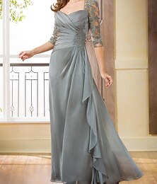 economico -Linea-A a tromba tubino/colonna abito da madre della sposa elegante vintage da festa con gioiello collo invitati al matrimonio lunghezza fino al pavimento chiffon manica a 3/4 con applicazioni con ruche spacco sul davanti 2024