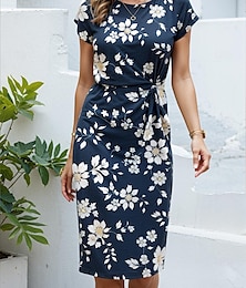 economico -Abito Midi da Donna Abito Tubino Floreale Collo a Giro Corto Estate