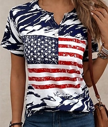 baratos -Mulheres Camiseta Bandeira EUA Diário Dia da Independência à moda Manga Curta Gola Redonda Azul Marinha Verão