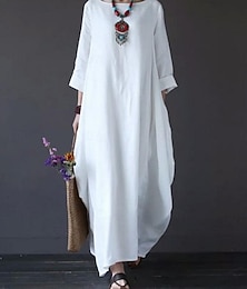 preiswerte -Damen Weißes Kleid Leinenkleid Sommerkleid aus Baumwolle Maxidress Tasche Brautkleider schlicht Täglich Rundhalsausschnitt 3/4 Ärmel Sommer Frühling Schwarz Weiß Glatt