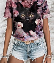 preiswerte -Damen T Shirt 3D cat Blumen Tier Bedruckt Täglich Wochenende Modisch Kurzarm Rundhalsausschnitt Purpur Sommer