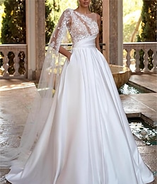 economico -Abiti da Sposa Vintage con Schiena Scoperta Stile Reale Abito da Ballo Spalle Scoperte Collo a V Spalline Regolari Treno Cappella Satin Abiti da Sposa con Pieghe Rouché