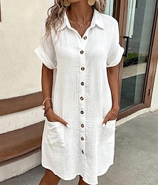 billige -Dame Skjortekjole Mini kjole Knap Lomme Ferierejse Afslappet V-hals Kortærmet Sort Hvid Gul Farve