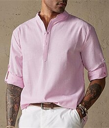 preiswerte -Herren Hemd leinenhemd Popover-Shirt Sommerhemd Strandhemd Weiß Rosa Blau Langarm Glatt Stehkragen Frühling Sommer Casual Täglich Bekleidung