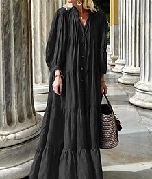 abordables -Femmes Noir Bleu Été Printemps Robe maxi Robes en coton et lin Robe noire Robe Chemise Bohème Quotidien Week-end Coupe Ample Uni Col de chemise