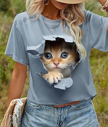 billige -Dame T-shirt Dyr Daglig Weekend Trykt mønster Blå Kortærmet Mode Rund hals 3D cat Sommer