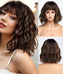 cheap -Short Brown Wigs for Women Dark Brown Light Brown Mixed Blonde Pink Highlight Wavy Wig Short Wavy Bob Wig Synthetic Hair for Daily Party 14 Inch