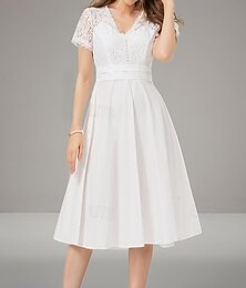cheap -Women's Lace Patchwork Vintage Dress Midi Dress Elegant Plain V Neck Short Sleeve White