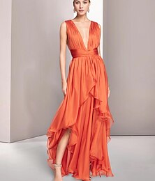 cheap -Beach Wedding A-Line Prom Dresses Elegant Dress Formal Summer Asymmetrical Sleeveless V Neck Chiffon with Ruched