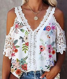 economico -camicia da donna camicia in pizzo camicetta camicia in pizzo bianco casual floreale pizzo ritagliato stampa manica corta top regolari scollo a V vacanza quotidiano bianco giallo rosso estate