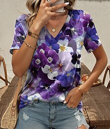 economico -Per donna maglietta Floreale Fiori Di tendenza Manica corta A V Top regolari Giornaliero Stampa Blu marino Blu Viola Estate