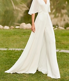 economico -Abiti da sposa vintage con schiena aperta in stile regale a due pezzi a spalla scoperta scollo a V maniche a metà treno di corte chiffon abiti da sposa con arricciature