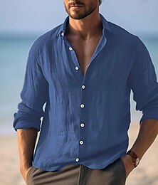 abordables -Hombre Camisa camisa de lino Abotonar la camisa Camisa de verano Camisa de playa Amarillo Azul Marino Morado Manga Larga Plano Cuello Vuelto Primavera verano Casual Diario Ropa