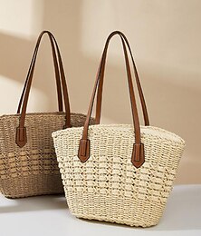 cheap -Women's Tote Beach Bag Straw Bag Straw Outdoor Holiday Beach Zipper Large Capacity Solid Color off white khaki